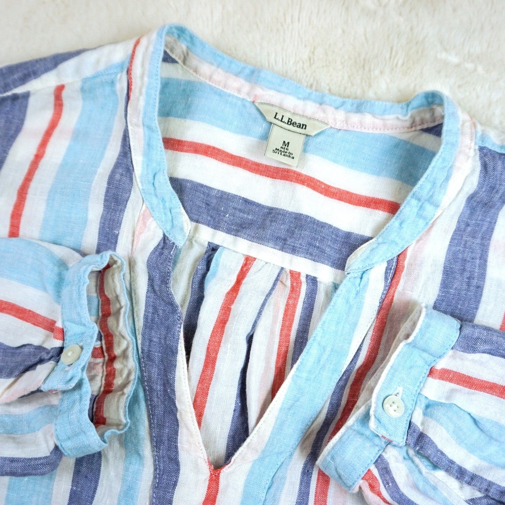 L.L.Bean Womens Striped 100% Linen Long Sleeve Tunic Top